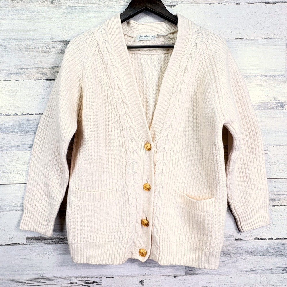 Liz Claiborne Collection Cream Cable Knit Merino Wool Cardigan Sweater Size S